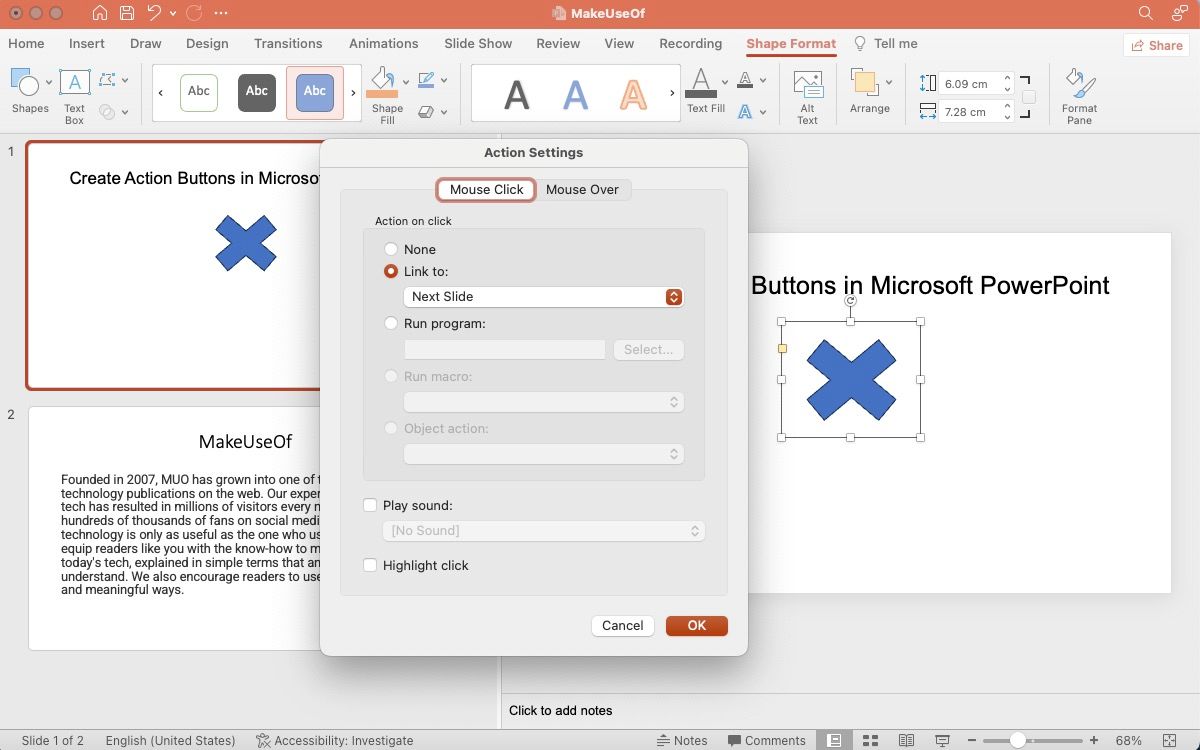 Диалог Параметры действия, вкладка Щелчок мышью, варианты действий при клике