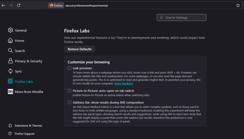 Firefox LabsでAI機能を無効にする例の画面