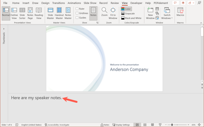 Пример заметок под слайдом в PowerPoint