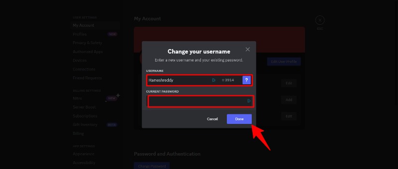 Изменение имени в настройках аккаунта — поле ввода нового username
