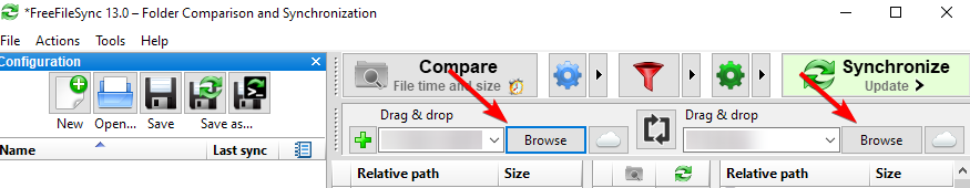 FreeFileSync: выбор папок источника и цели