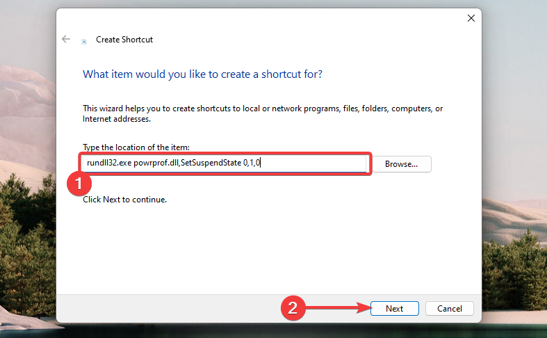Поле ввода расположения объекта ярлыка с командой сна