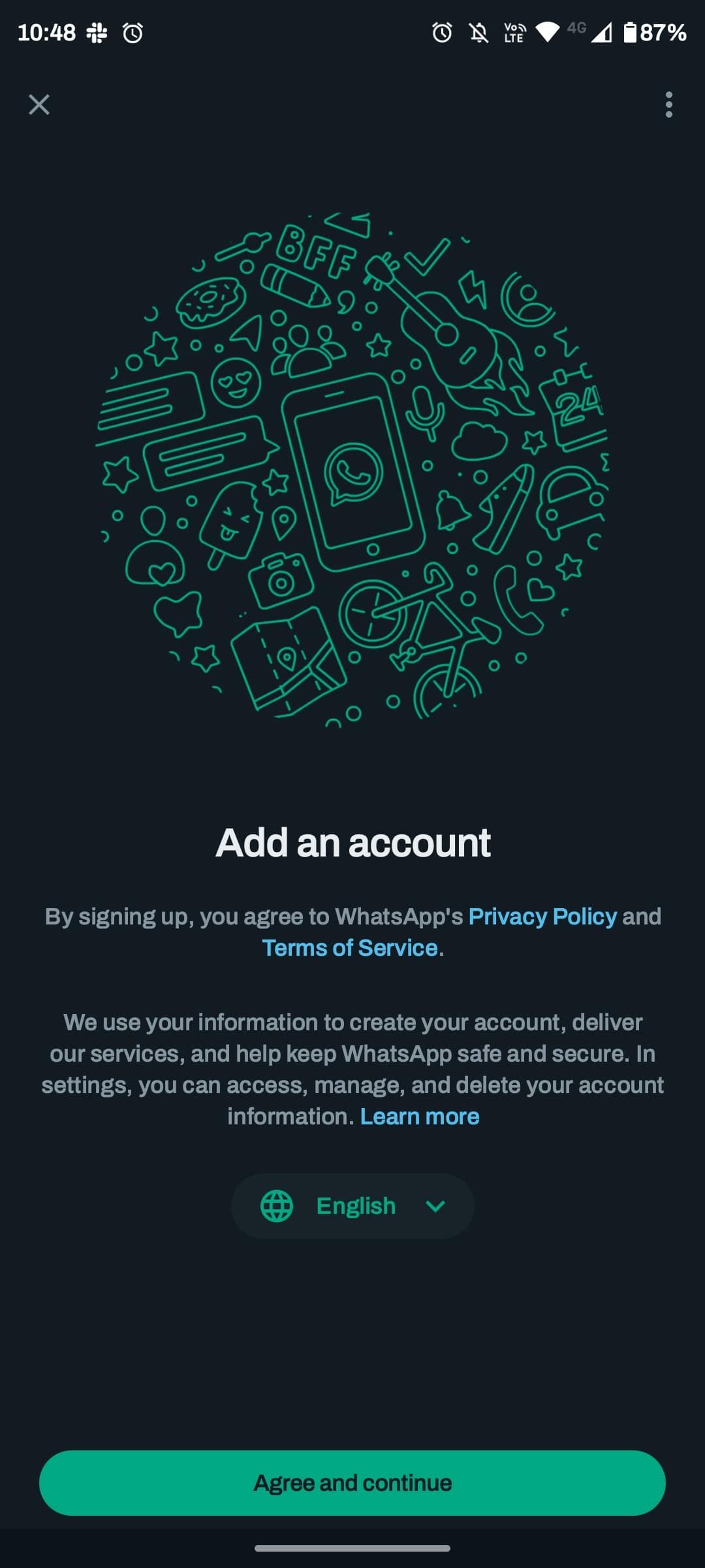 Экран добавления аккаунта в WhatsApp