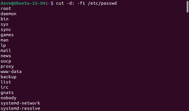 Использование cut для вывода имён пользователей