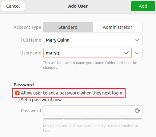 Добавление пользователя в диалоге GNOME