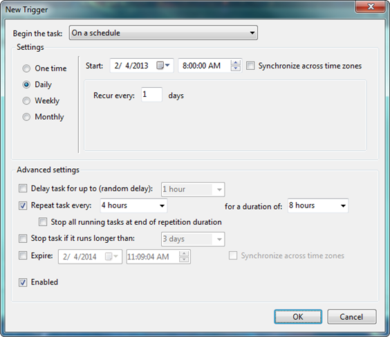 Скриншот настройки расписания