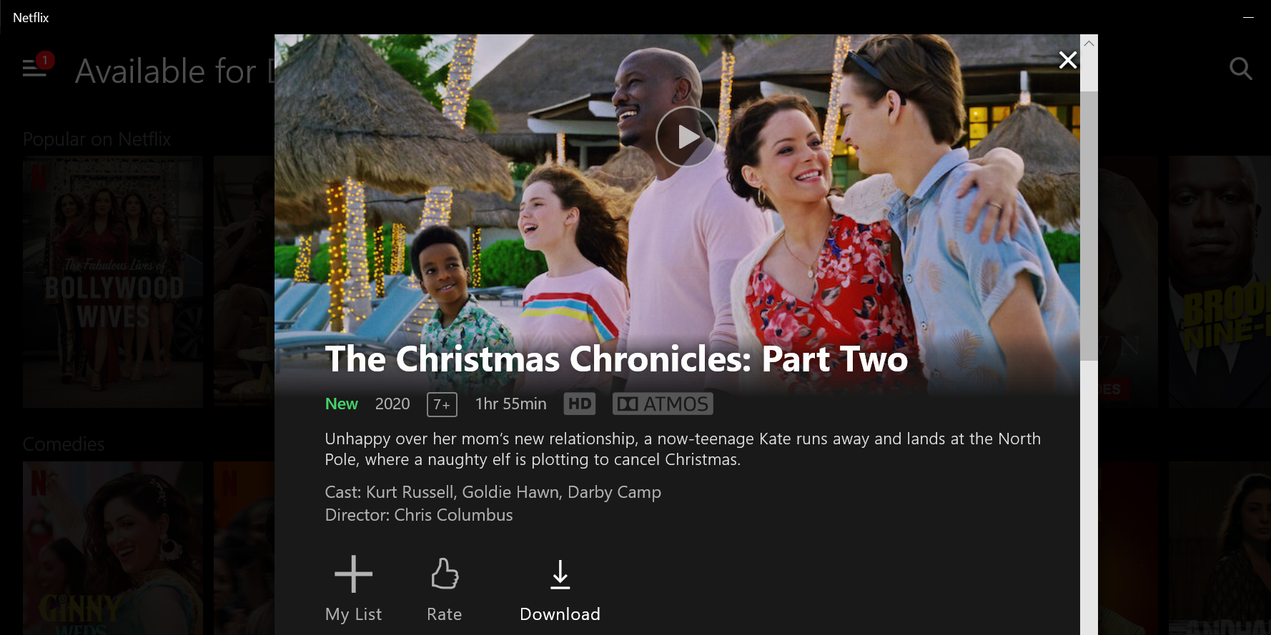 Загрузка контента Netflix в приложении Windows 10