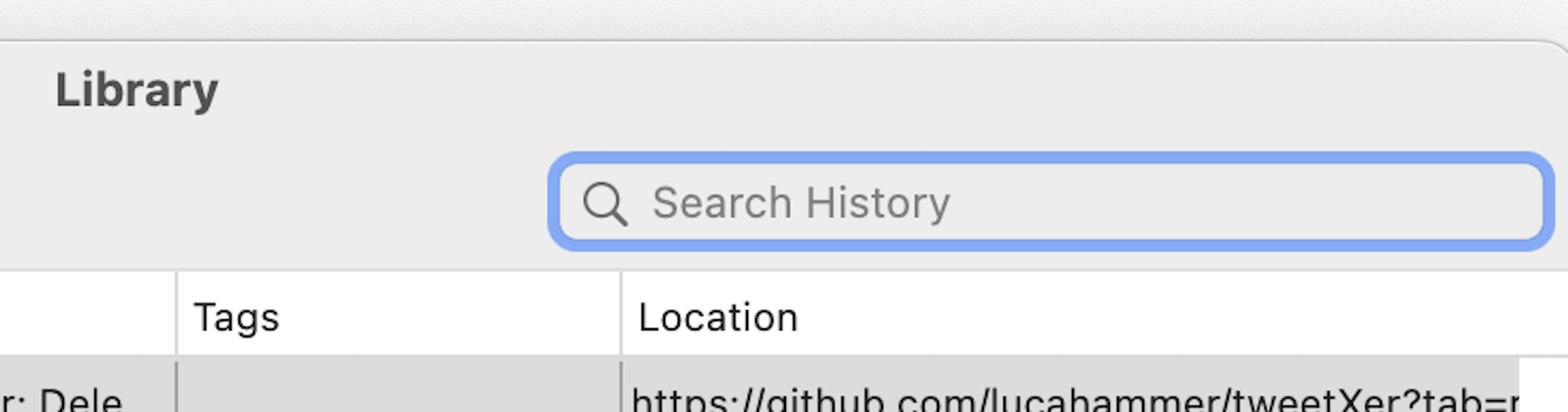 Поле Поиск по истории в окне Библиотека Firefox.
