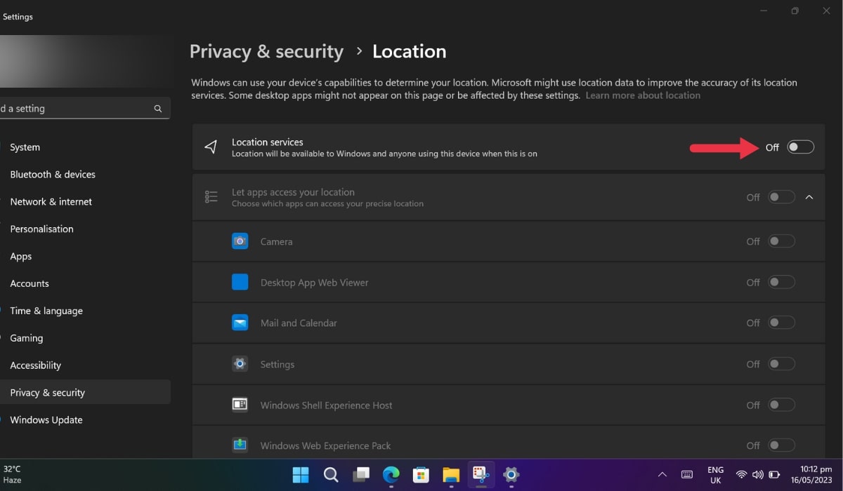 Переключатель службы определения местоположения