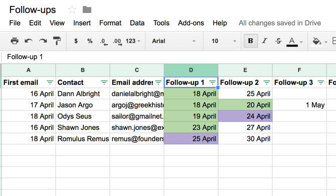 Пример таблицы для отслеживания follow-up по email