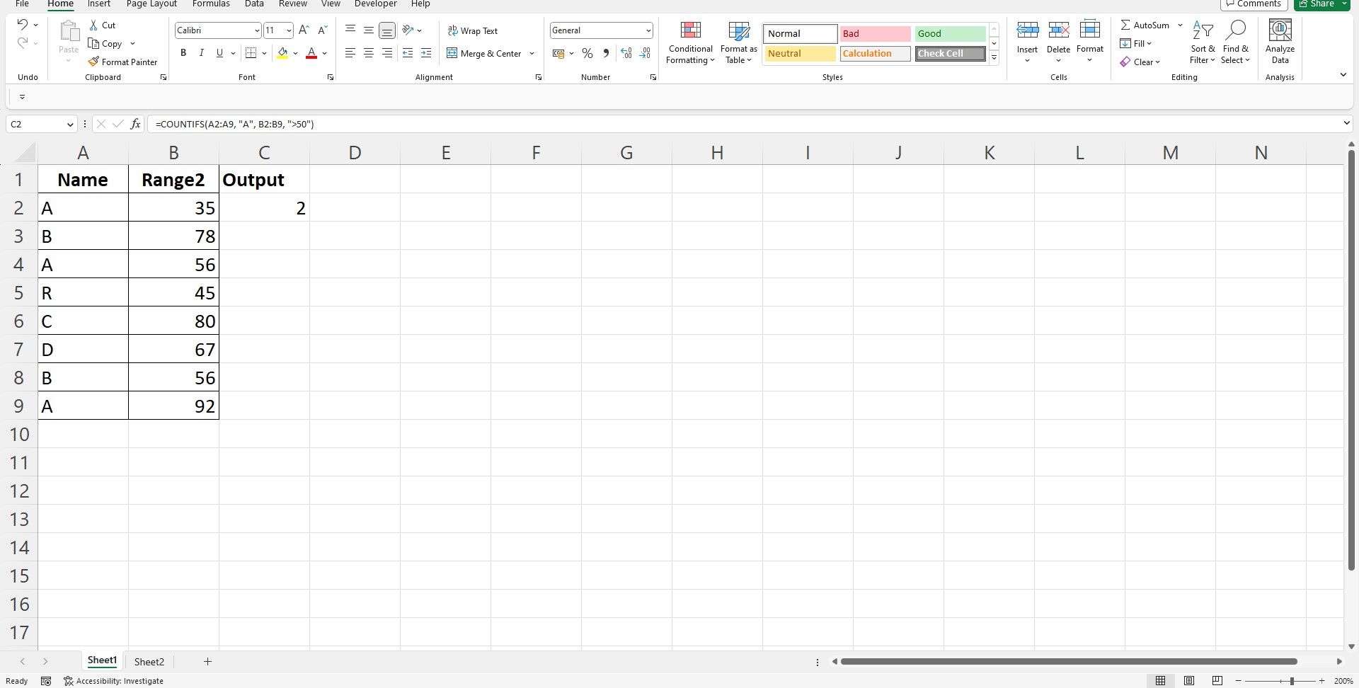 Два столбца с данными и формулой в Excel