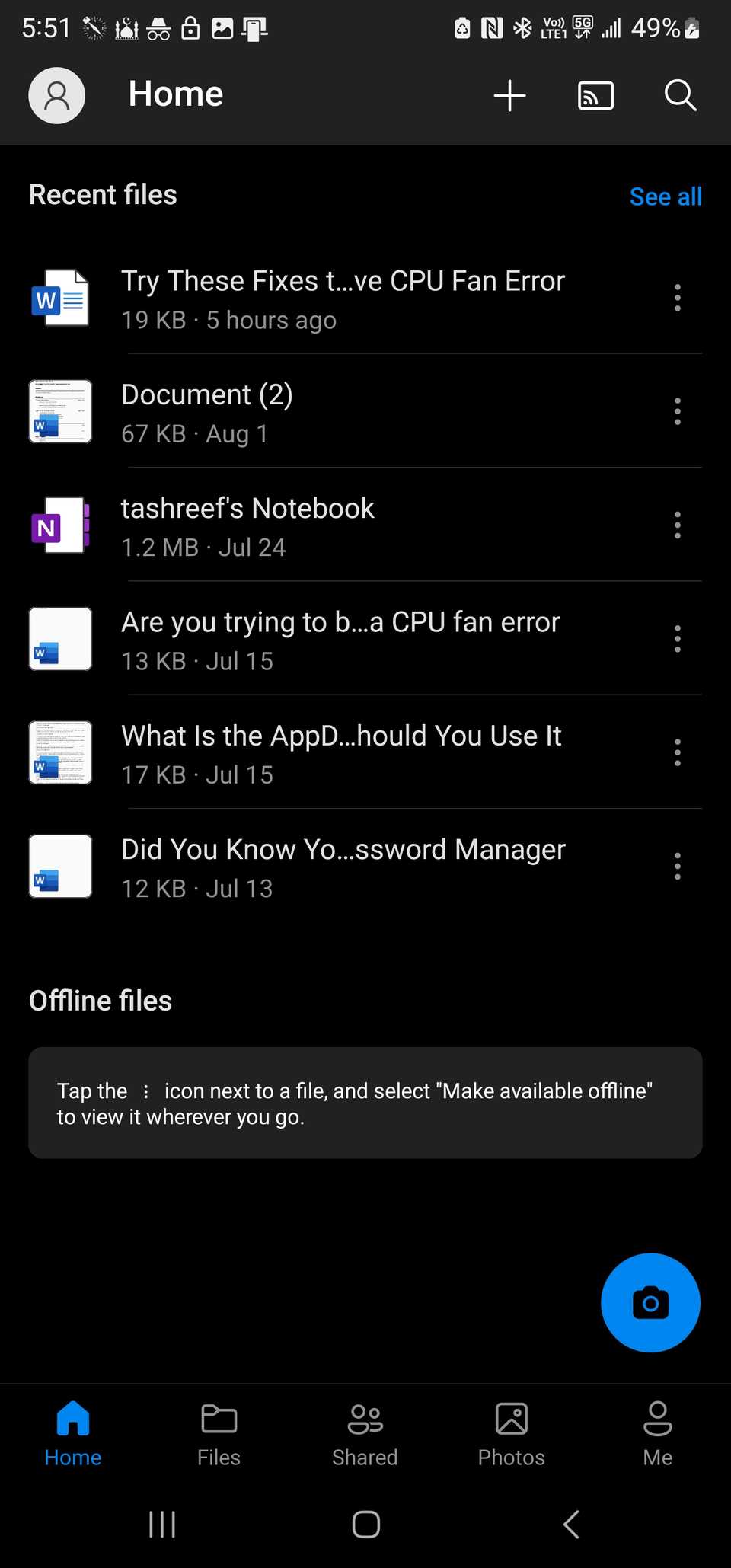 Главный экран приложения OneDrive на Android