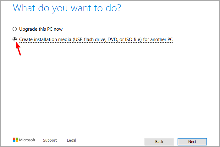 Выбор опции создание установочного носителя