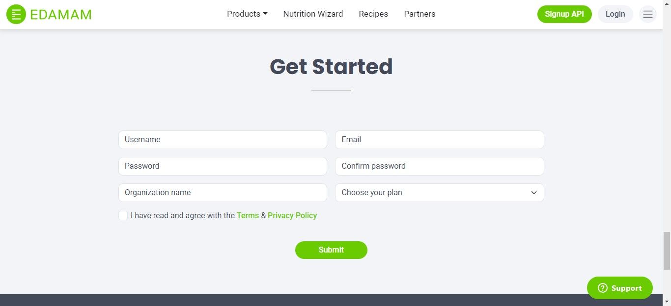 Страница регистрации Edamam API