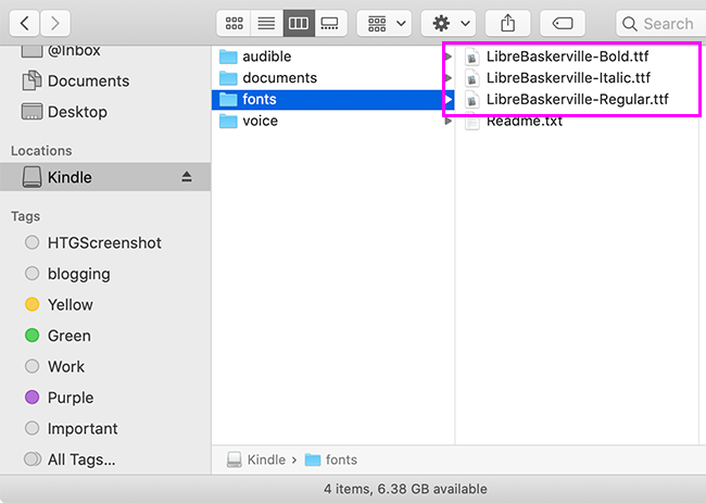 Файлы шрифтов в папке Fonts на Kindle