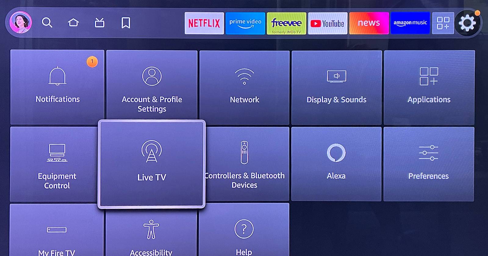 Плитки меню настроек Fire TV