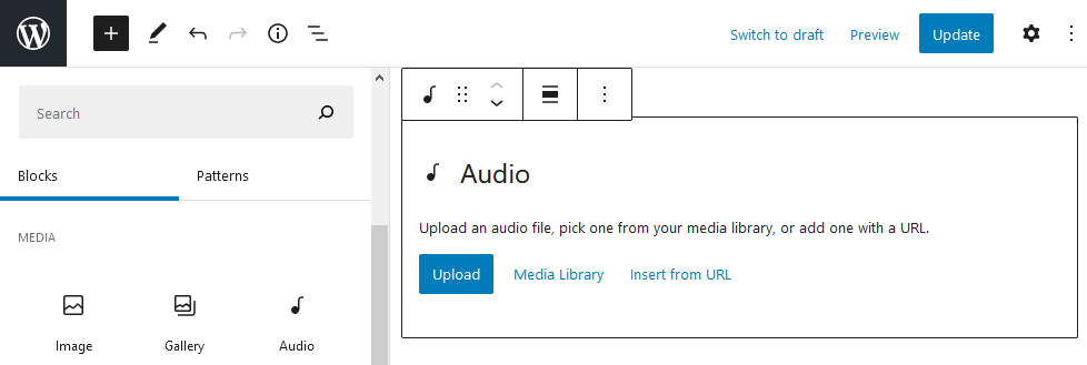 Аудиоблок WordPress в редакторе