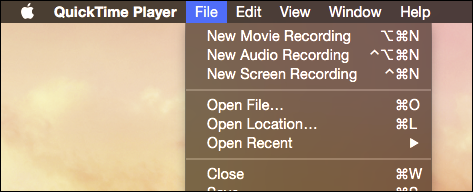 Окно QuickTime: выбор команды New Screen Recording