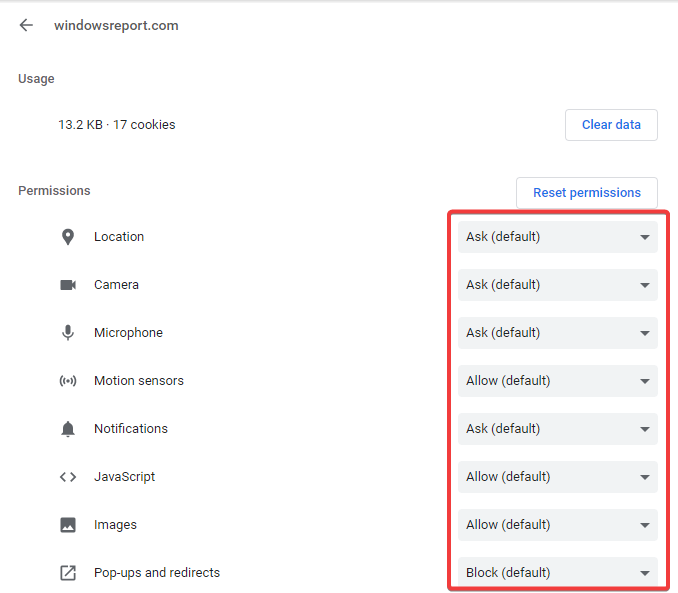 Список разрешений сайта в Chrome