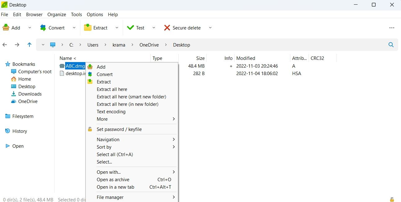 Extract option in context menu of PeaZip