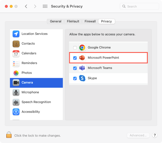 Настройки доступа к камере на Mac