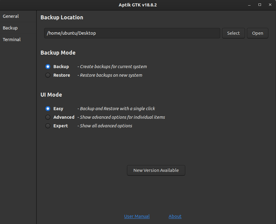 Окно настройки резервного копирования в Aptik GTK