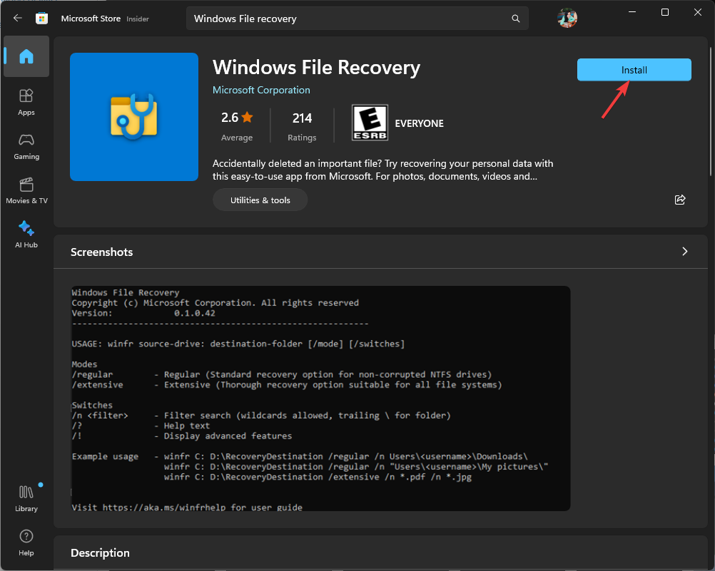Поиск приложения Windows File Recovery в магазине и кнопка установки