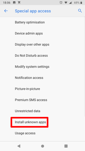 Menu Android 8/9: Installa app sconosciute
