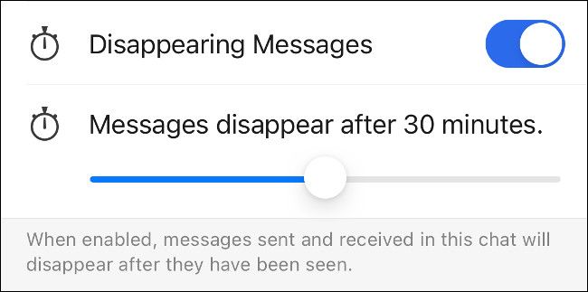 Экран настройки исчезающих сообщений с ползунком времени