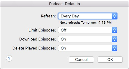 Диалог настроек Podcast Defaults с опциями хранения и загрузки