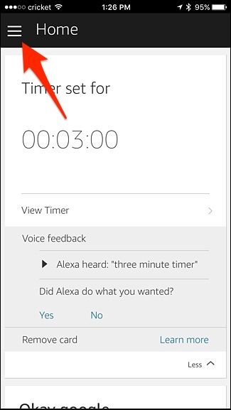 Экран меню приложения Alexa