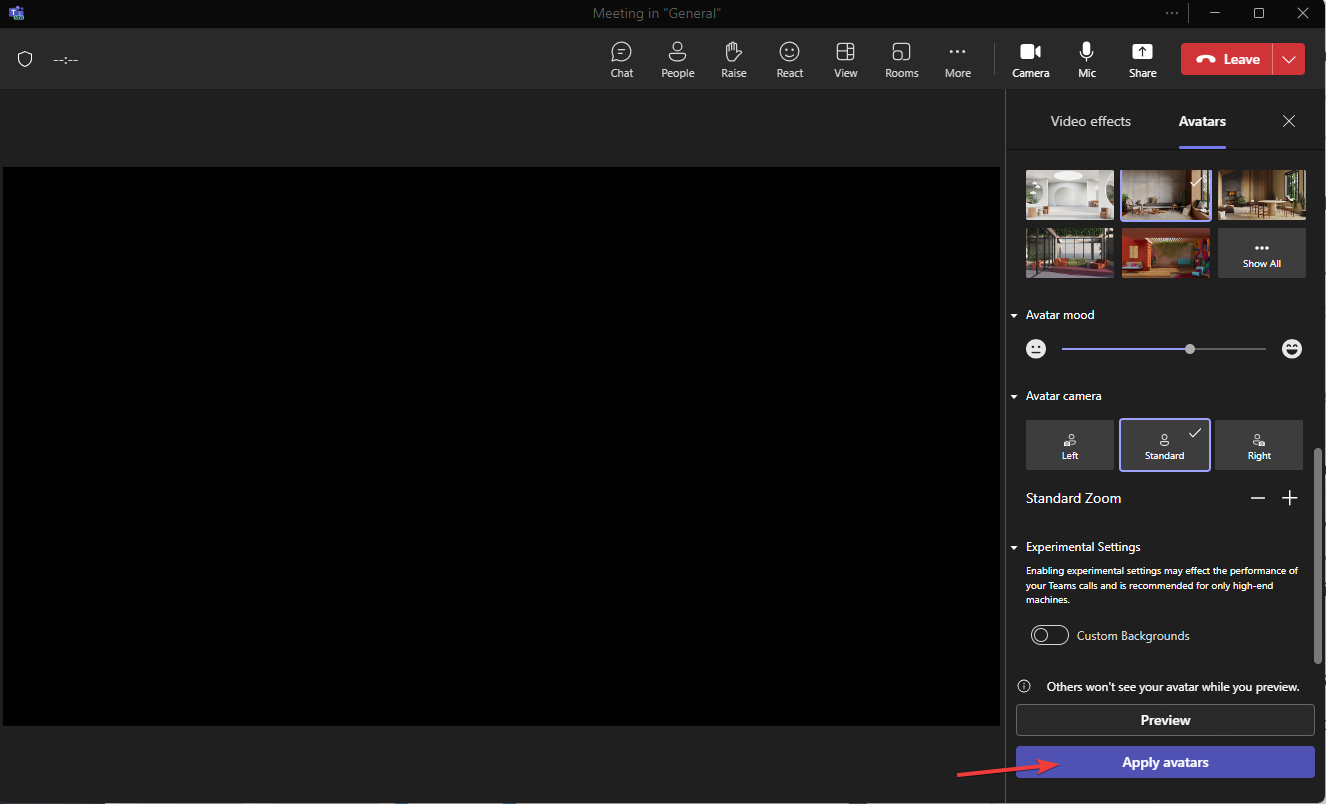 Кнопка Apply avatars для включения аватара в текущей встрече