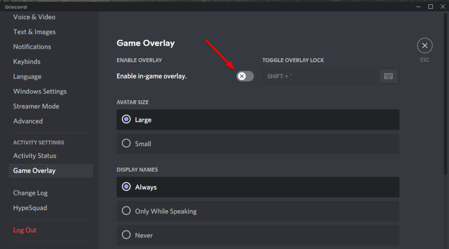 Выключение опции 'Включить оверлей в игре' в Discord
