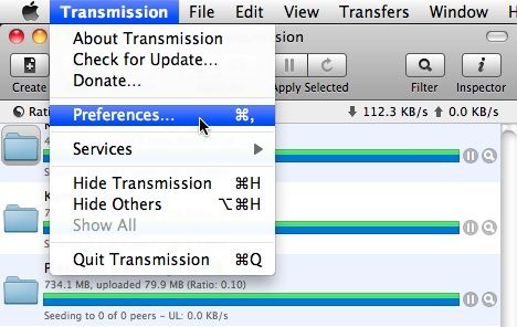 Окно настроек Transmission — группы