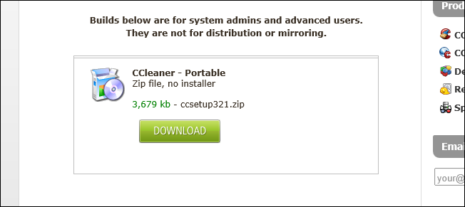 Загрузка портативной версии CCleaner с сайта Piriform