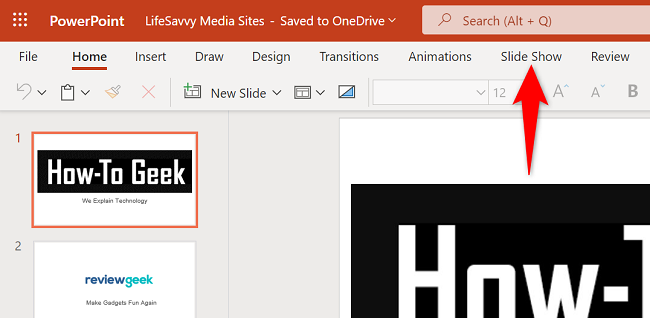 Откройте вкладку «Показ слайдов» в веб-версии.