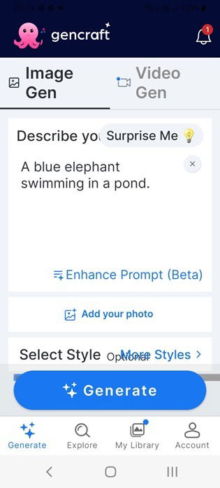 Enter a text prompt in Gencraft app for Android image creation.