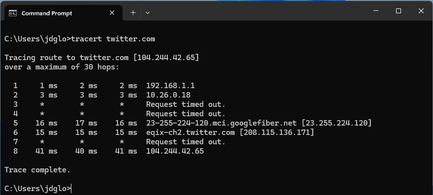 Пример выполнения tracert при трассировке до сайта Twitter с отображением хопов и RTT.