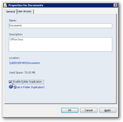 Опция включения дублирования в свойствах папки