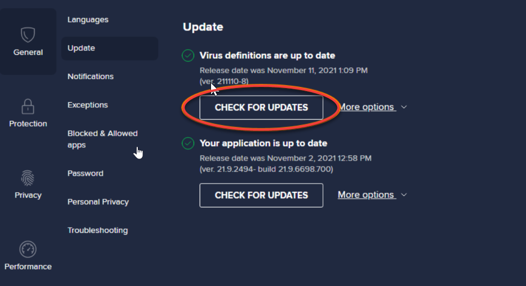Кнопка Проверить обновления в Avast