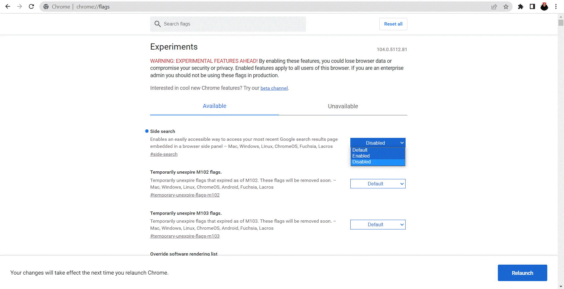 Отключение бокового поиска в флагах Chrome (анимация)
