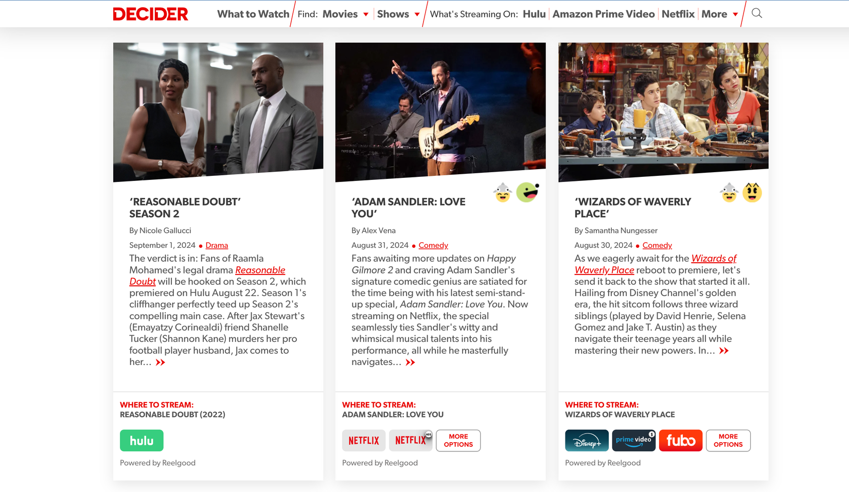 Скриншот страницы Decider с подборками «Что смотреть».
