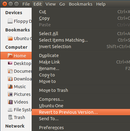 Меню файлового менеджера с опцией восстановления предыдущей версии файла