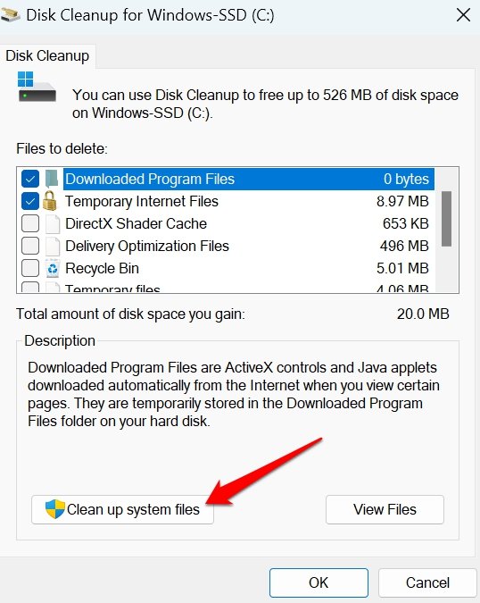 Кнопка очистки системных файлов Windows 11