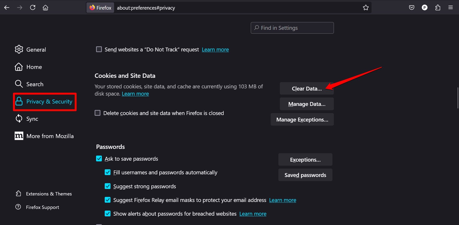 Opzione Cancella dati nelle impostazioni Privacy e sicurezza di Firefox