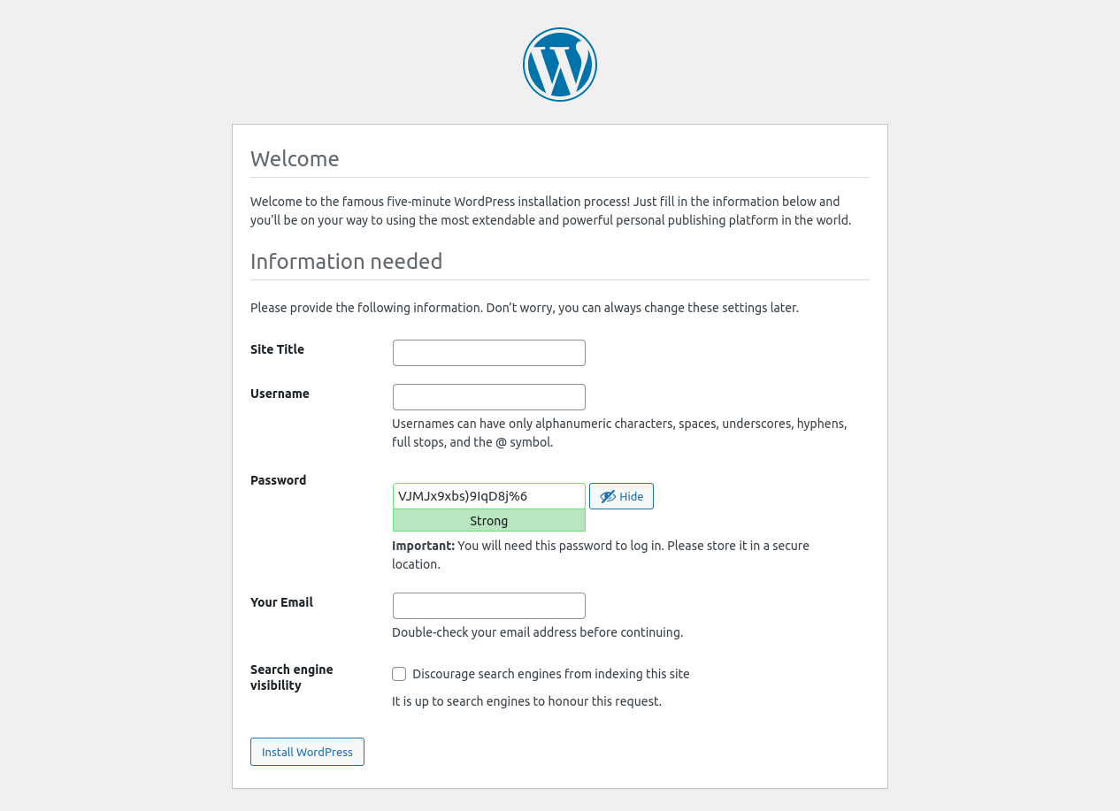 Мастер установки WordPress на экране