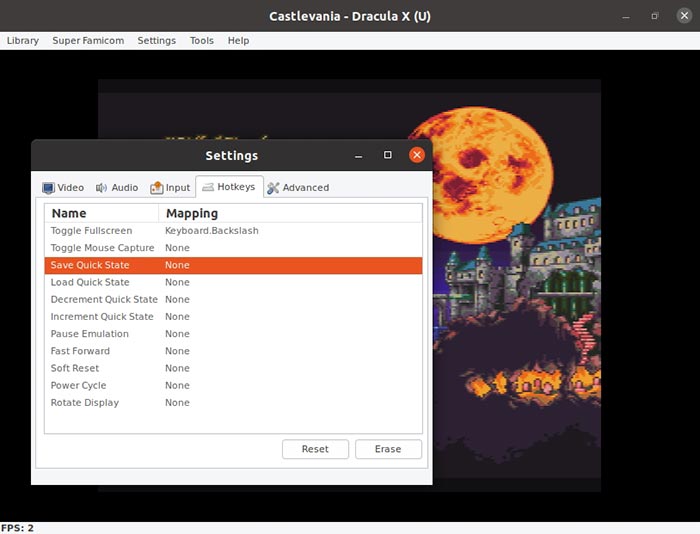 Окно настроек хоткеев в Higan