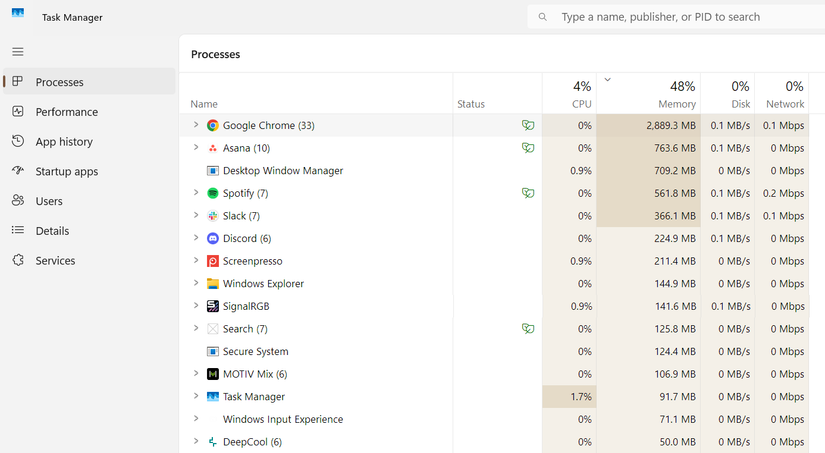 A bunch of background apps in Task Manager.