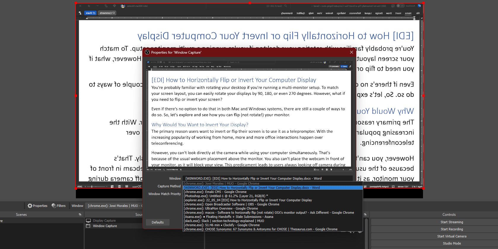 Choosing Windowed apps to Invert on OBS Studio