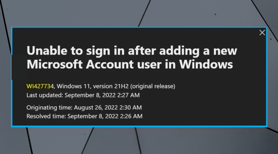 Ошибка входа при добавлении Microsoft Account